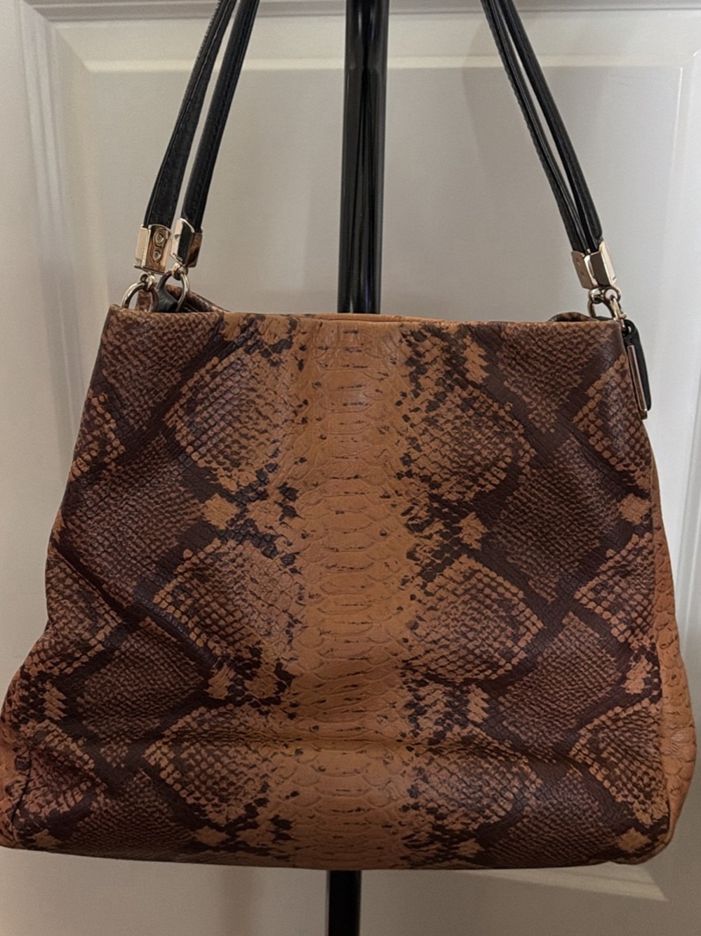 Coach Brown Snake-Print Shoulder Bag with Black Handles